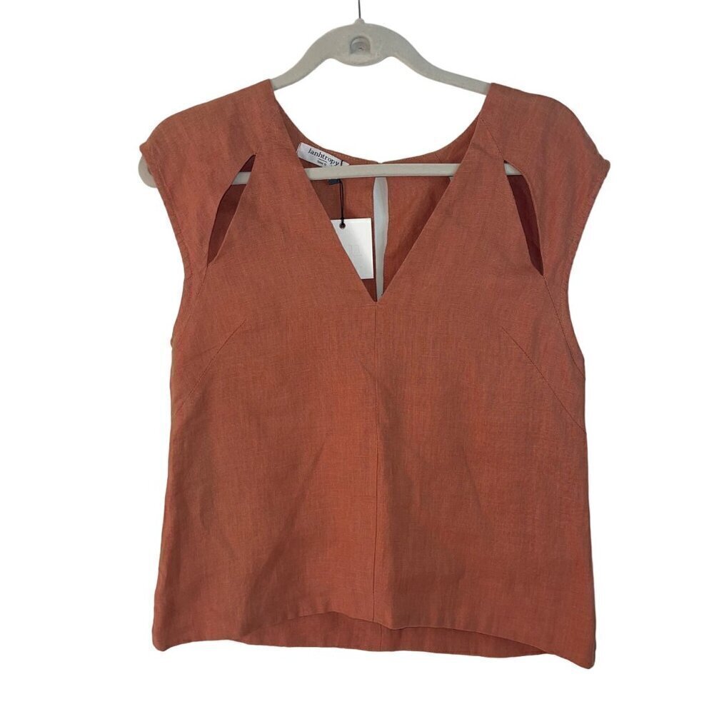 Lanhtropy Womens Top Size XS Brown Pearl Cut Outs V Neck Pure Linen New